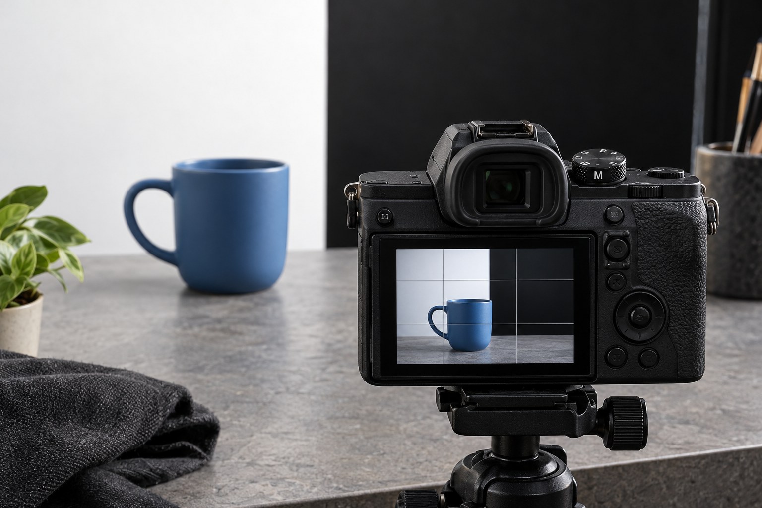Kamera vor blauer Tasse und hellem sowie dunklem Hintergrund