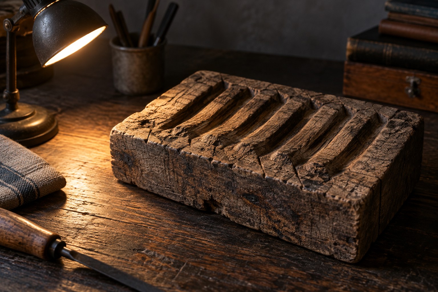 Seitenlicht auf den Rillen eines Holzblocks