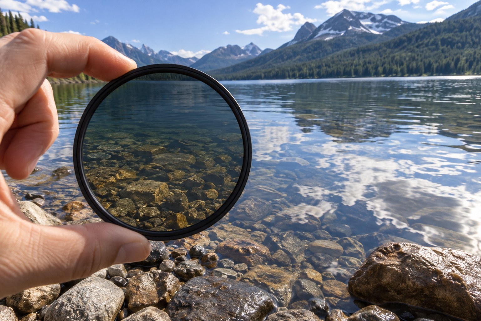 Dargestellter Polfilter vor einer Seespiegelung