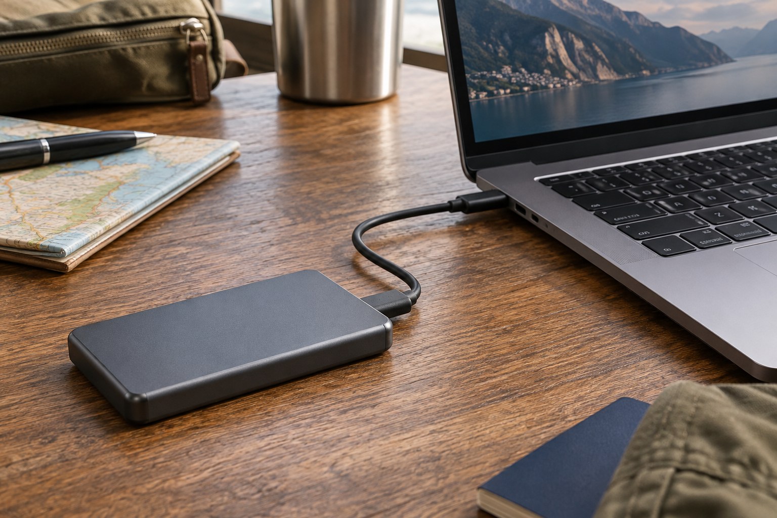 Tragbares externes Laufwerk an einem Laptop