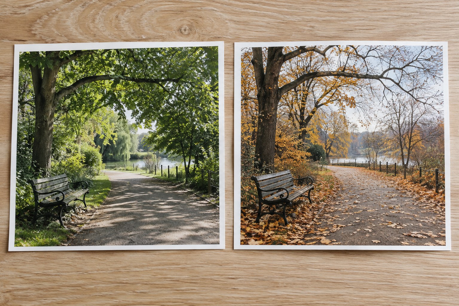 Zwei Darstellungen eines Parkwegs in verschiedenen Jahreszeiten