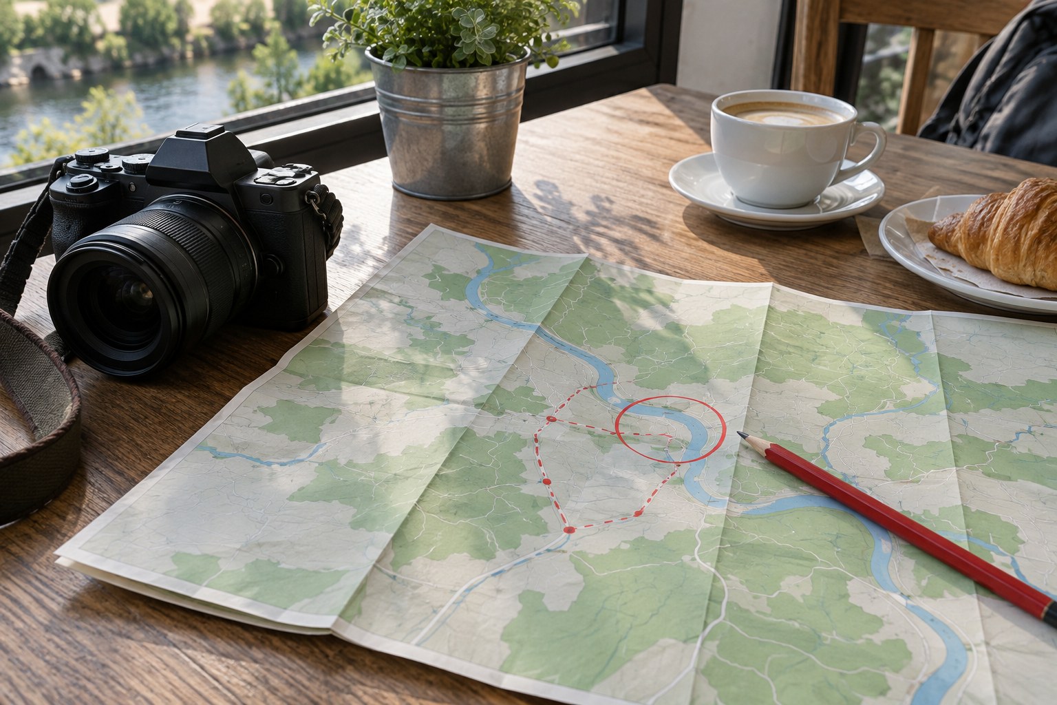 Kamera neben einer Karte mit kurzer markierter Route