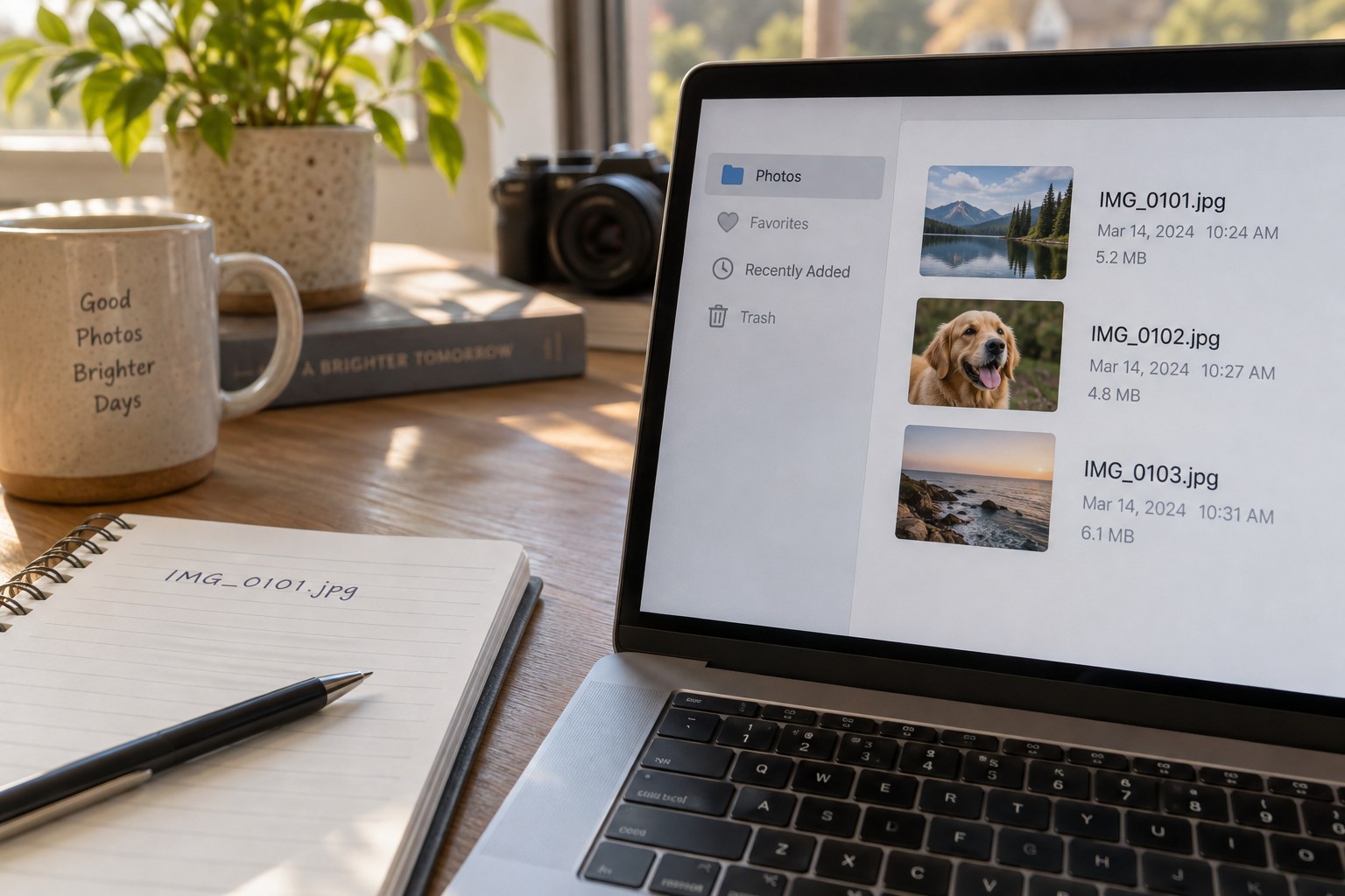 Fotodateinamen auf einem Laptop neben einem Notizbuch