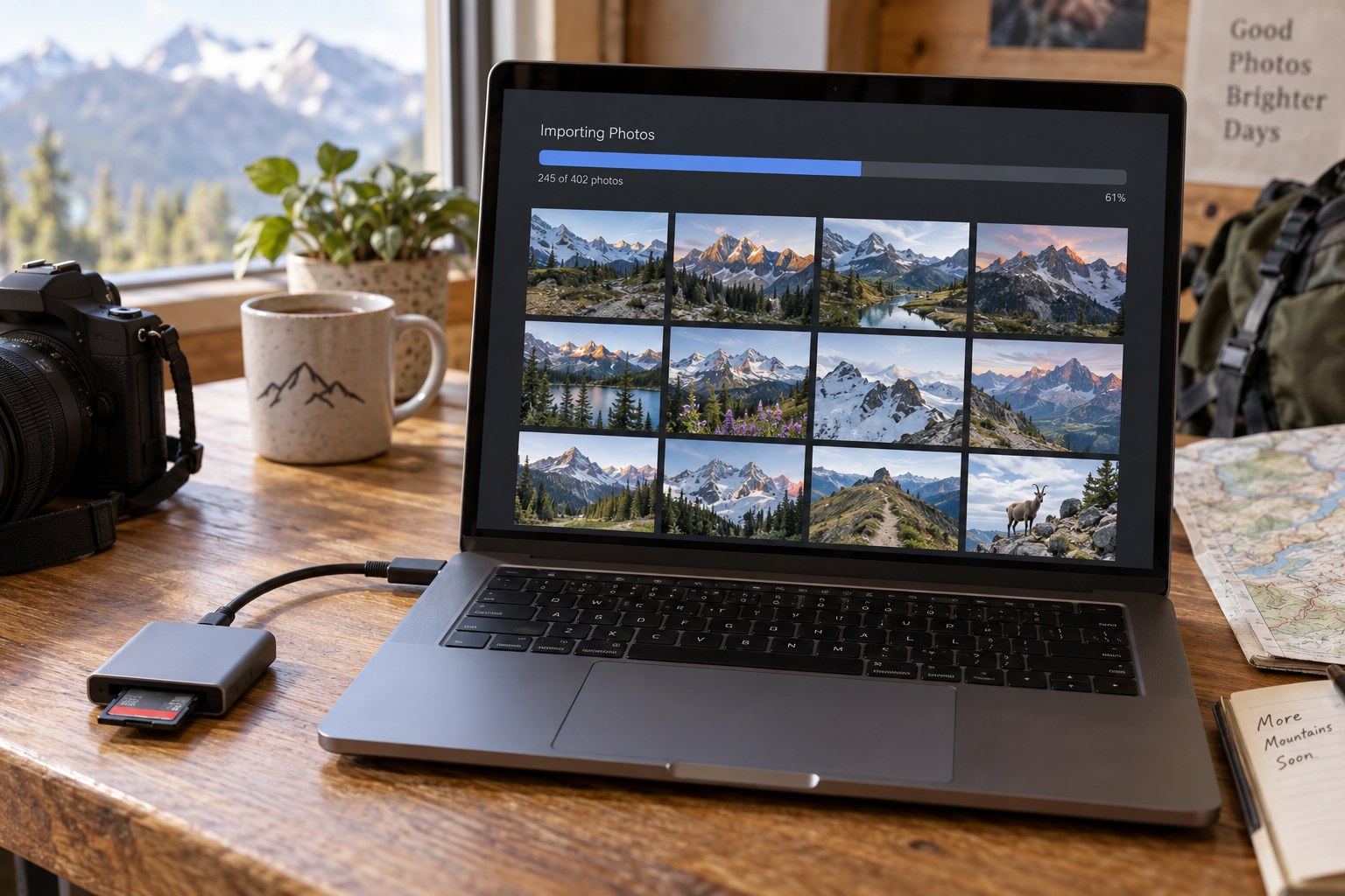 Kartenleser und Laptop mit dargestelltem Fotoimport