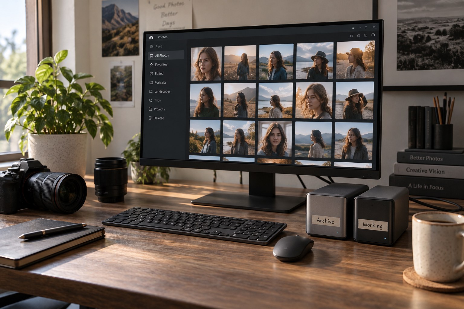 Getrennte Archiv- und Arbeitslaufwerke neben einem Monitor
