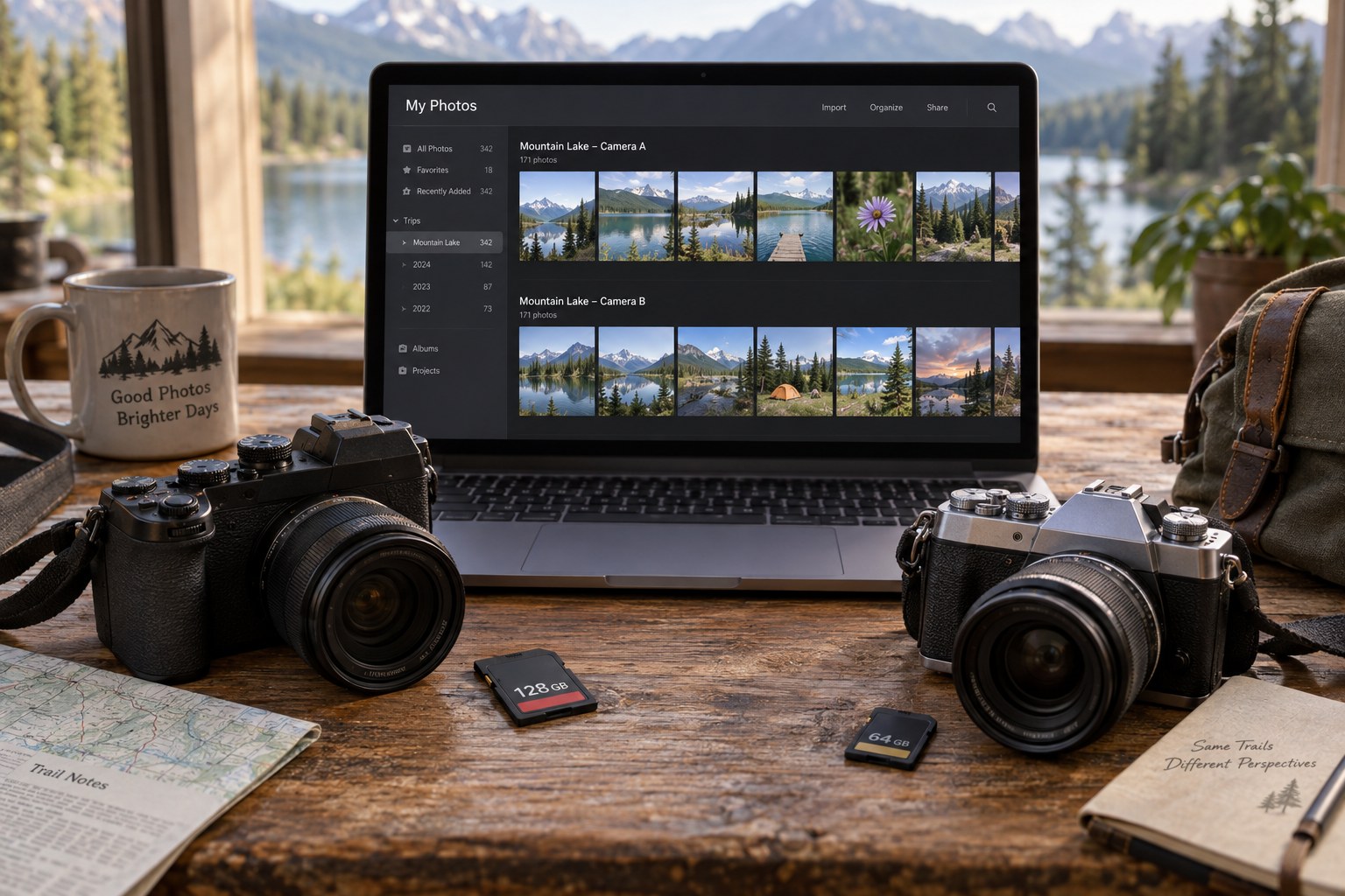 Zwei Kameras neben gemeinsamer Fotobibliothek auf einem Laptop