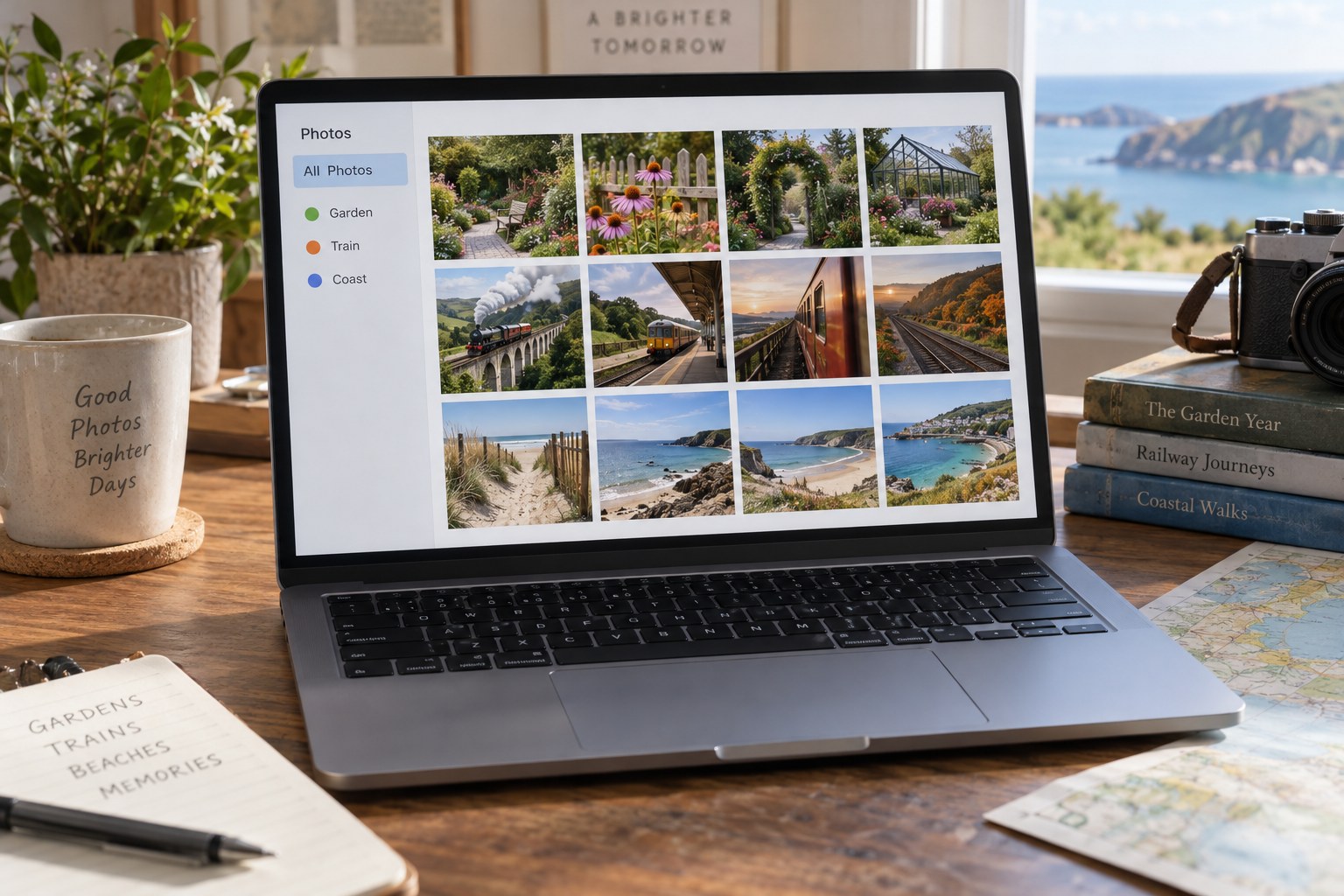 Beispielhaftes Fotoraster mit Themenstichwörtern in einer Seitenleiste