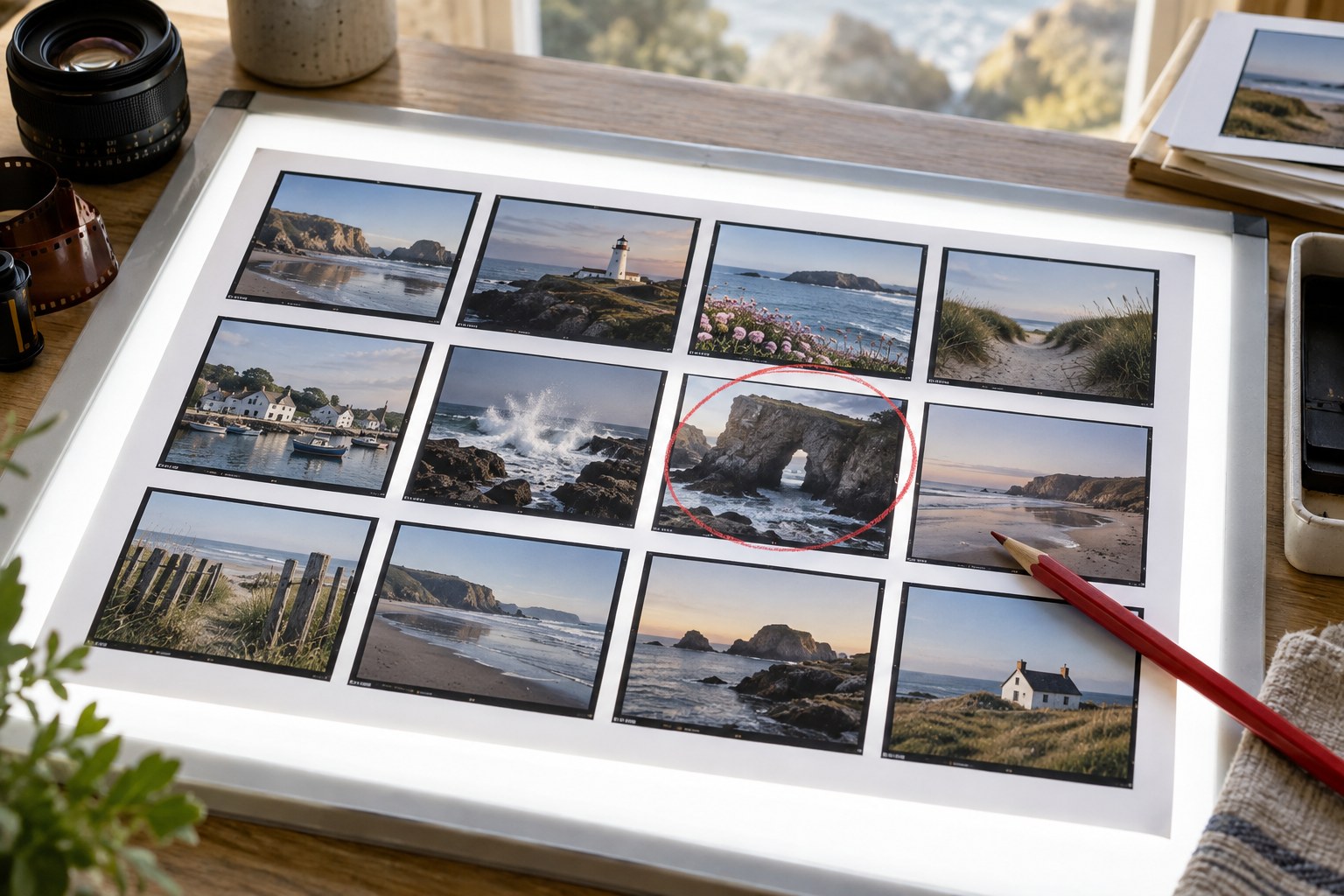 Kontaktbogen mit Küstenfotos neben rotem Stift