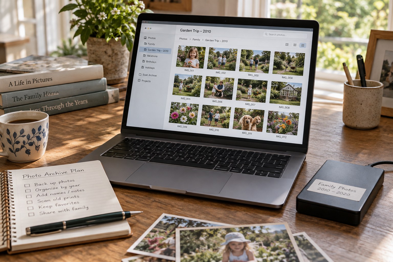 Ältere Gartenfotos bei der Durchsicht auf einem Laptop