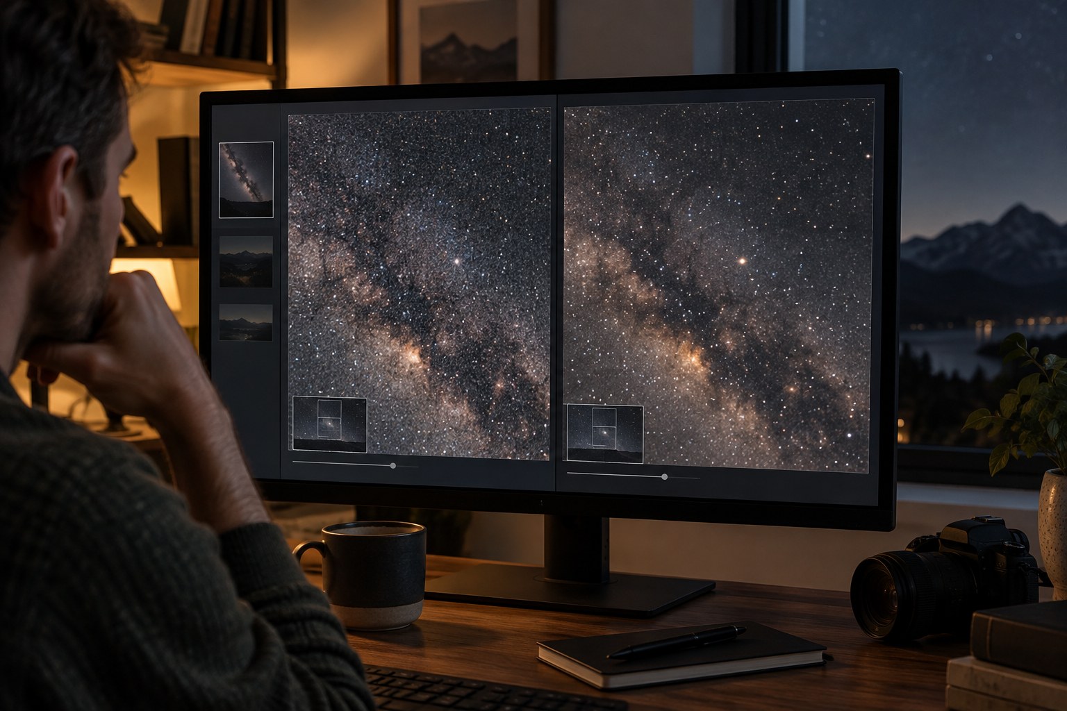 Beispielhafter Nachthimmel-Detailvergleich auf einem Monitor