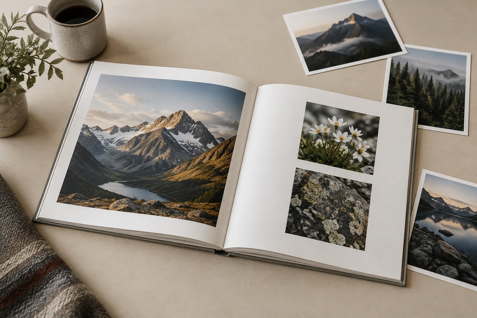 Fotobuch mit großer Landschaft und kleinen Detailbildern