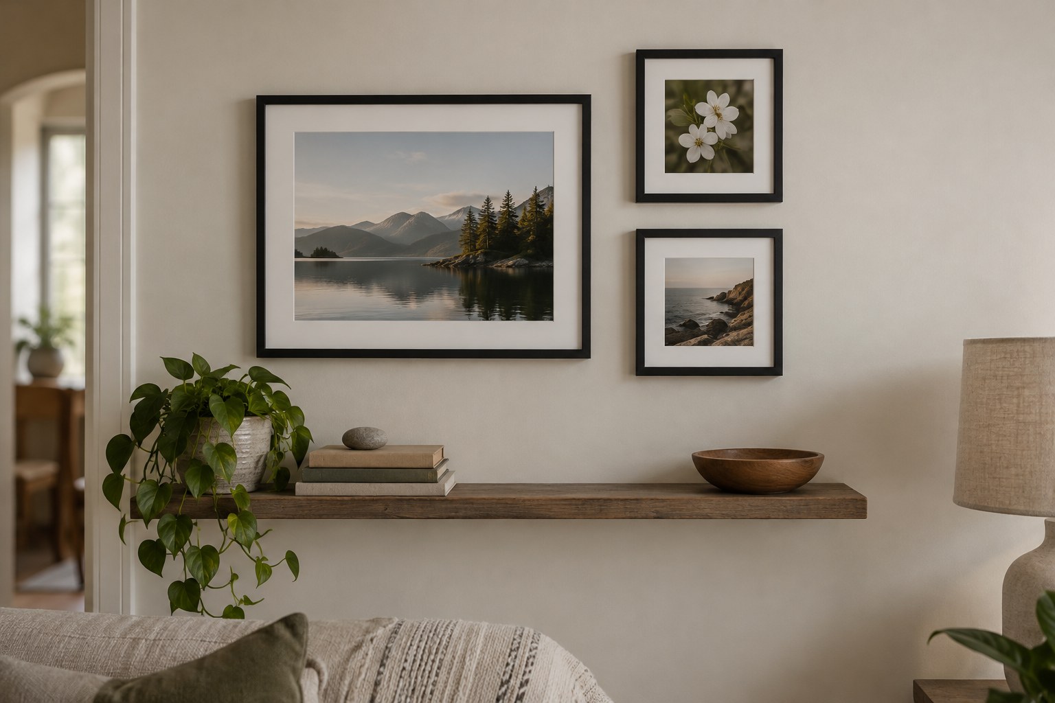 Drei gerahmte Fotos in einer kleinen Wandanordnung