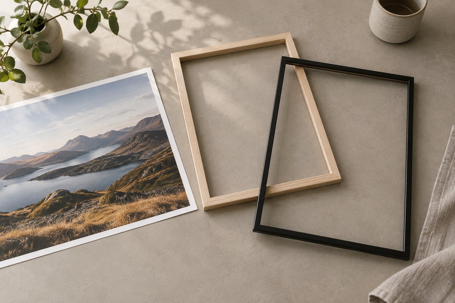 Fotoabzug neben hellem Holzrahmen und schwarzem Rahmen