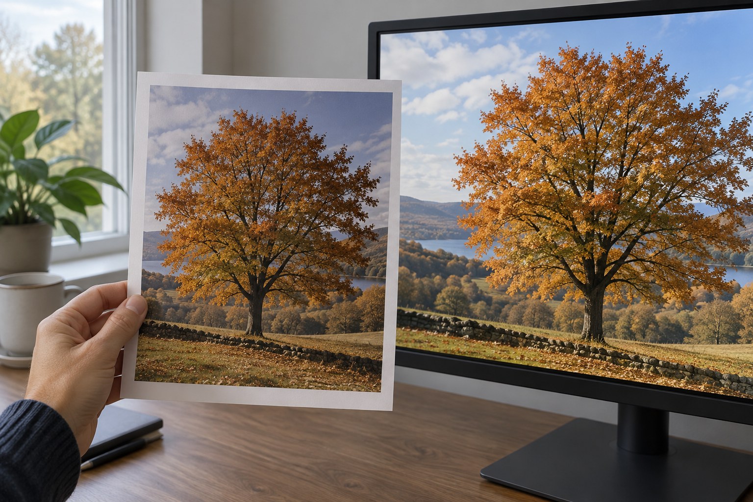 Herbstbaumabzug im Vergleich mit einem Monitorbild